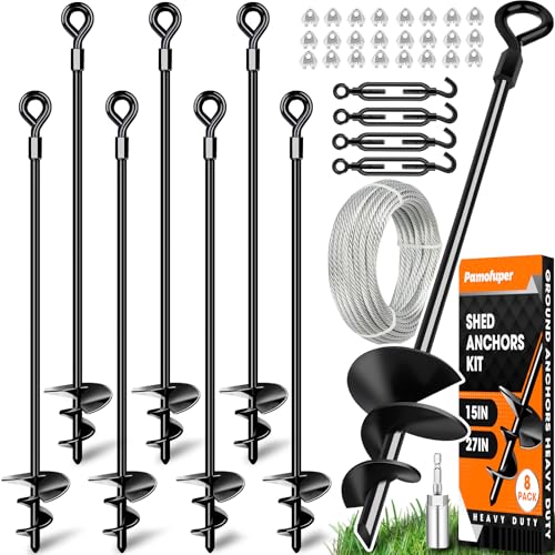27in 8 Pack Ground Anchors with 3/16' Galvanized Cable Shed Anchor Kit, Trampoline Stakes Anchors High Wind – Ideal for Canopies, Sheds, Car Ports, Swing Sets Gazebo Greenhouse (27 in of 8 Pcs)