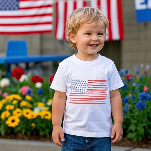 Image of Toddler Boys Girls 4th of July Short Sleeve Shirt - Kids Patriotic American Flag Memorial Day USA Tops 2-7T