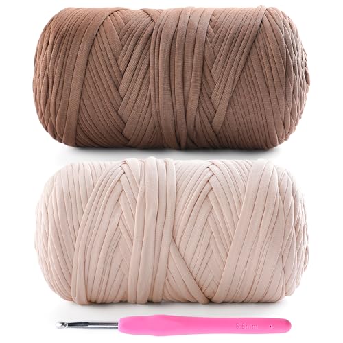 2 Pack Tshirt Yarn for Crochet - 800 G/260 Yds T Shirt Soft Elastic Fabric T-Shirt Yarn for Crocheting Bags Baskets Home Decor with 1 Crochet Hook (2 Beige+Coffee)