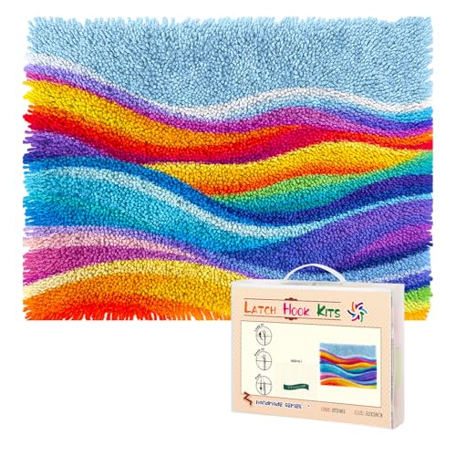Image of DIY Latch Hook Kit Rug for Adults Rainbow Waves Graphic Pre-Printed Handmade Carpet Crochet Yarn Craft Hook and Latch Door Mat Tapestry Home Floor Decor 52x38cm-2