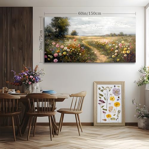 SERIMINO Large Wall Art for Living Room, Countryside Path Landscape Wall Decor, Wildflowers Meadow Canvas Prints, Natural Scenery Modern Pictures Home Decor Farmhouse Kitchen Dining Room 30"X60"