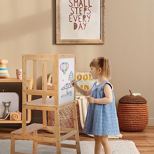 COSYLAND Kitchen Nursery Helper Step Stool for Toddlers Children Kids, Learning Standing Tower with Non-Slip Mat, Made of Natural Solid Bamboo with a White Board for writing and drawing