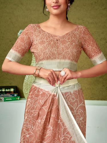 Image of Satrani Women's Linen Printed & Zari Border Ready To Wear One Minute Pre Pleated Readymade Saree with Unstitched Blouse Piece