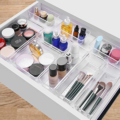 Puricon 9 Pcs Desk Drawer Organizers Trays Set Clear Plastic Storage Bins Bathroom Drawer Tray Dividers Vanity Trays Organizer for Bedroom Dresser Makeup Kitchen Utensil Office - Thumbnail 2
