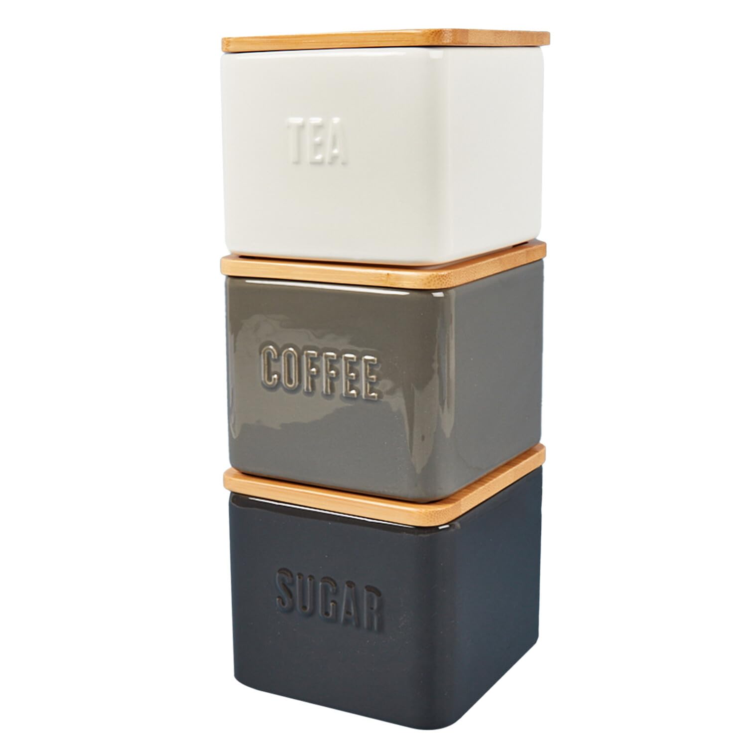 Multi Colour Black Grey White Stacking Tea Coffee Sugar Ceramic Canister Set, Kitchen Canisters Tea Coffee Sugar Canisters with Air Tight Lid, Kitchen Storage Jars with Lidsset