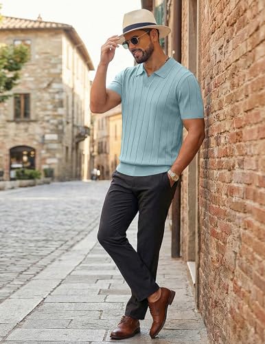Image of COOFANDY Mens Polo Shirts Short Sleeve V Neck Knit Shirts for Men Casual Old Money Clothes Mens Golf Shirt