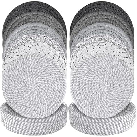 12 Pieces 7 Inch Trivet Mats for Hot Dishes with 2 Storage Basket Heat Resistant Pot Holders for Kitchen Hot Plate Mats for Table Countertop Home Essentials Decorations for Home and Farmhouse, Grey Cover