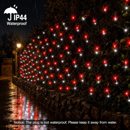 Image of Led Net Lights Christmas Lights Outdoor 200Led 9ftx6ft Upgraded Red and White Christmas Net Lighting, Waterproof 5mm LED Wide Angle Outdoor Indoor Mesh Net Light for Tree, Bushes, Shrubs Decorations