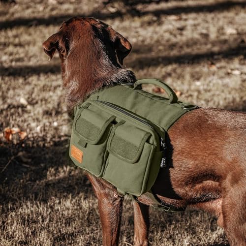 OneTigris Hundegeschirr mit Tasche, Hoppy Camper 3.0 Camping Wandern Hunderucksack für für Mittlere/Große Hunde, Rucksack für Hunderücken 2 Haupttaschen 4 Nebentaschen - Grün M