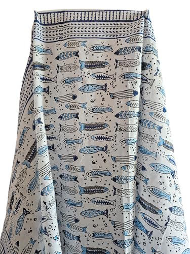 India Hand Block Print 100% Pure Cotton Beautiful Fish Printed Sarong Women Beach Bikini Pareo Cover Size 44X72 Inch 00152