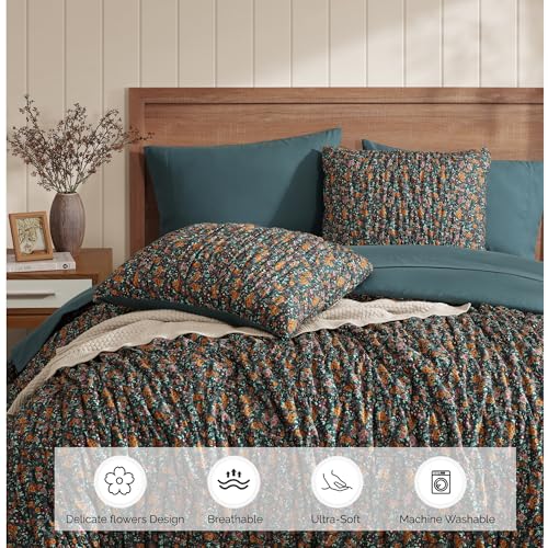 Full Size Comforter Sets-7 Pieces Puff Dark Green Floral Bedding Set for All Seasons, Shabby Chic Farmhouse Bed in a Bag Full with Floral Comforter, Sheets, Pillowcases & Shams