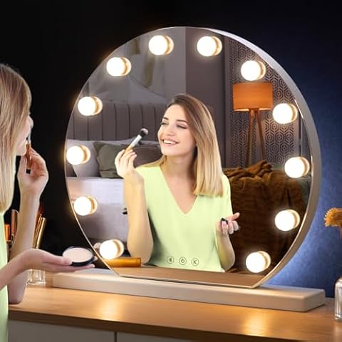 YOKUKINA Vanity Mirror with Lights, 20" LED Hollywood Lighted Makeup Mirror with 12 Light Bulbs, Smart Touch and 3 Color Modes, White Cover