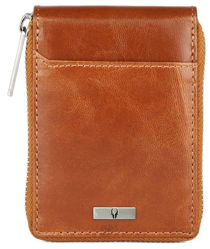 WILDHORN Leather 9 Slot Vertical Credit Debit Card Holder for Men & Women I Zipper Money Wallet I Coin Purse I External ID Slot I Cash Compartment, Tan Crunch, Modern2