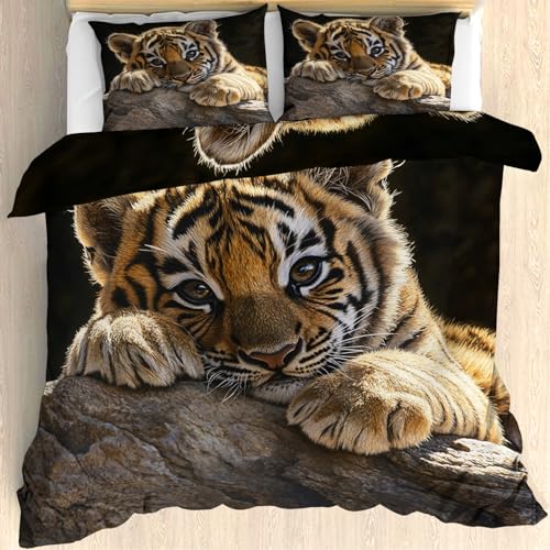 Maohryzed Housse de Couette Tigre - Parure de Iit 90x190 Enfant Animaux Sauvages - Réversible 1 Personnes Fermeture éclair Sets Housse Couette avec 1 Taie...