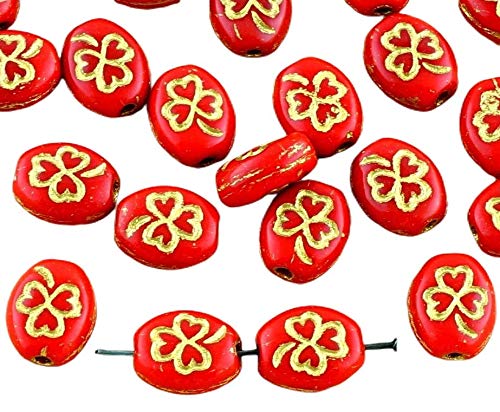 Leaf Beads 18pcs Opaco Rojo Coral de Oro Plana y Ovalada Trébol Trébol Trébol de la Hoja Religiosa Rosario Suerte Patrick Halloween checa Perlas de Vidrio de 10 mm x 8 mm