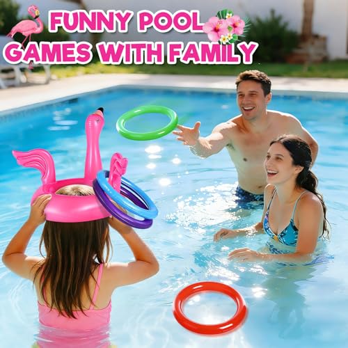 Camlinbo 15 Pcs Inflatable Flamingo Pool Toys Ring Toss Pool Game, Flamingos Luau Party Decor Hawaiian Beach Toys Carnival Outdoor Luau Party Games Supplies for Adults Family