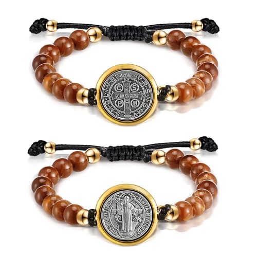 2 Pcs Medal Saint Benedict Bracelet for Women Adjustable Beaded Rosary St Benedict Bracelets Protection Catholic Blessing Jewelry Charm Religious Gifts for Men Women