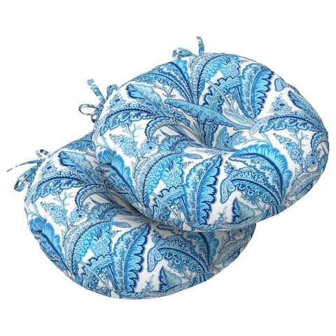 LVTXIII Outdoor All Weather Bistro Seat Cushions, Comfortable Fluffy Tufted Patio Chair Cushions Round 15"x15"x4" Set of 2 for Home Garden Furniture, Monotone Leaves Blue Cover