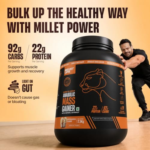 Image of BeastLife High Protein Mass /Weight Gainer | 2.5 KG | Butterscotch | NABL LAB Tested | For Muscle Gain & Fast Growth | Cereal-Based Formula, No Maltodextrin | India's #1 Cereal Based Bulk Gainer