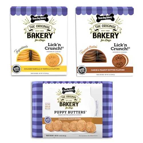 Three Dog Bakery Lickn Crunch Sandwich Cookies Variety Pack Premium Treats for Dogs CarobPeanut Butter GoldenVanilla Pupper Butters 378 Ounces 3 Pack