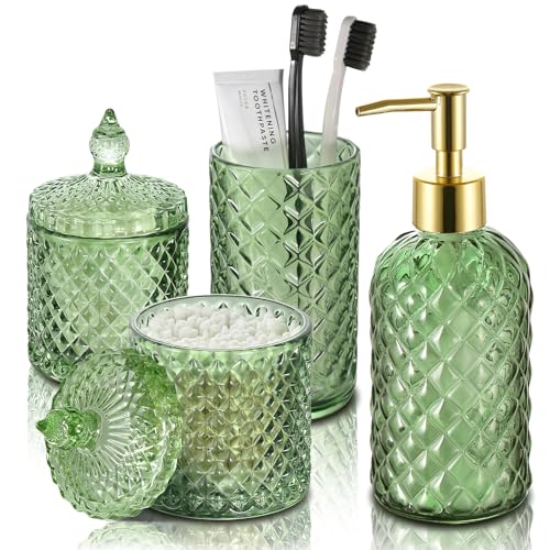 RYTOXILO Bathroom Accessories Set, 4 Pack Green Bathroom Decor Accessory Sets Complete, Diamond Glass Soap Dispenser and Toothbrush Holder Set for Bath Counter Organizer Essentials