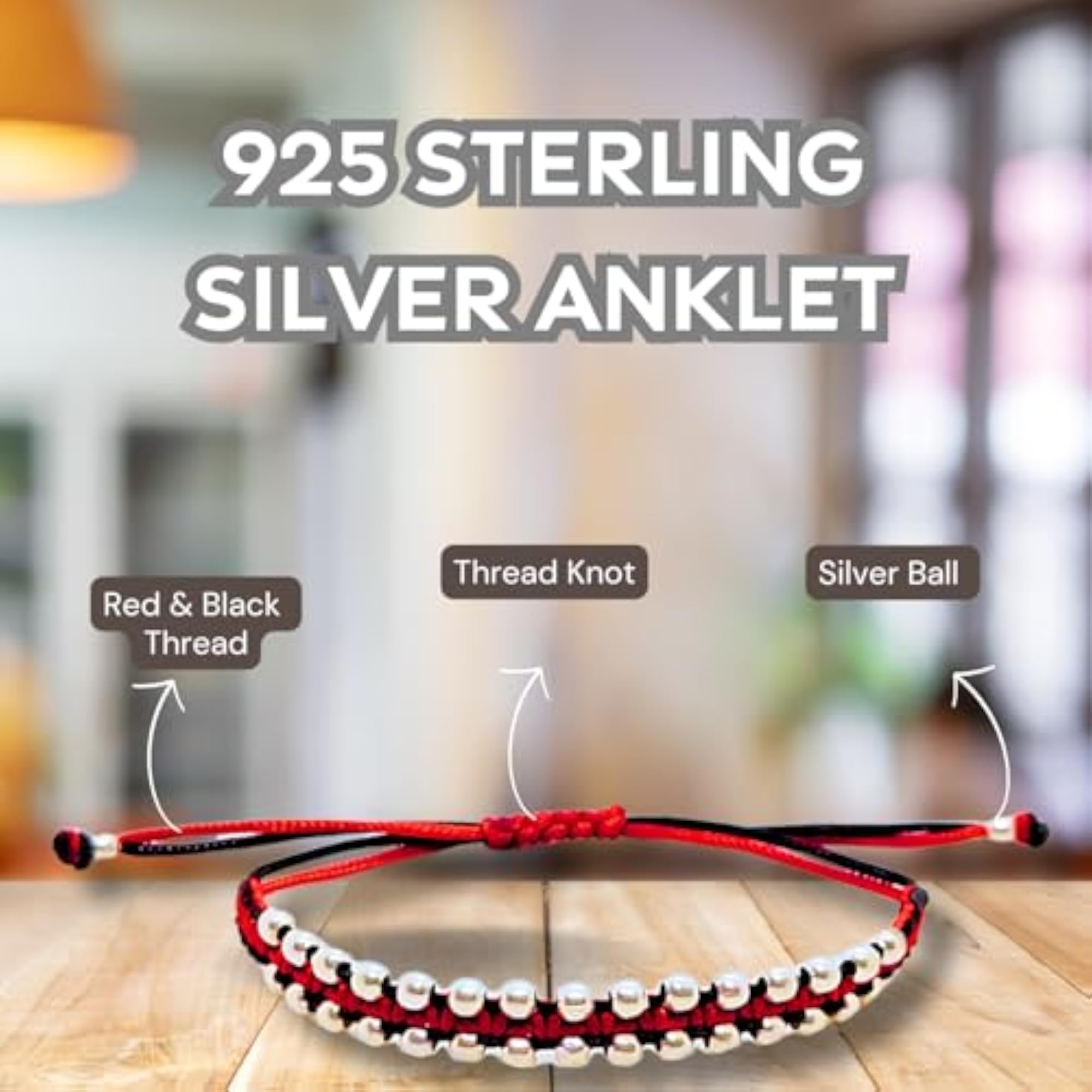 Women's 925 Sterling Silver Ball Anklet with Red and Black Thread