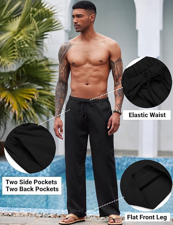 Image of CB-COLEBROOK Mens Casual Linen | Elastic Waist | Drawstring Summer Beach Yoga Linen Trouser | Loose Fit Pyjama Pants for Man