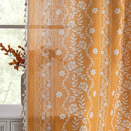 Image of MYSKY HOME Boho Floral Curtains 108 Inch Long for Living Room Golden Yellow | Linen Light Filtering Bohemian Vintage Farmhouse Semi Sheer Drapes for Dining Room with Tassels Back Tab, 50 inch Wide, 2 Panels