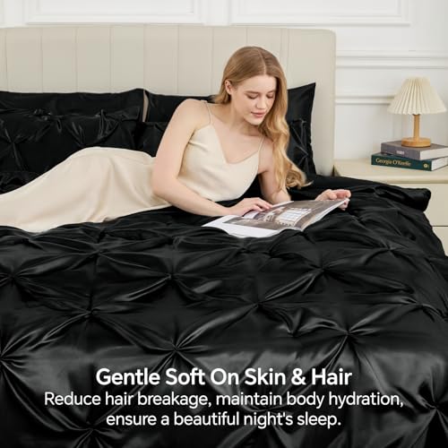 Image of BEDELITE Satin Comforter Set Twin Size, 5 Pieces Pintuck Bed in A Bag with Comforter, Flat Sheet, Fitted Sheet, Pillowcases, Shams, Soft Cozy Similar to Silk Bed Set for All Seasons (Black)