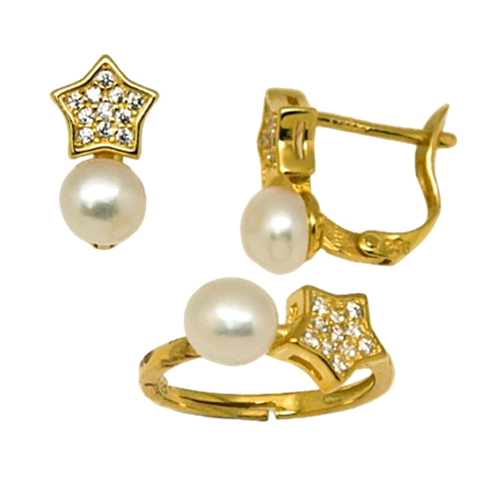 Minoplata Conjunto Pendientes y Anillo ajustable estrella de Plata chapada dorada y Perlas cultiv