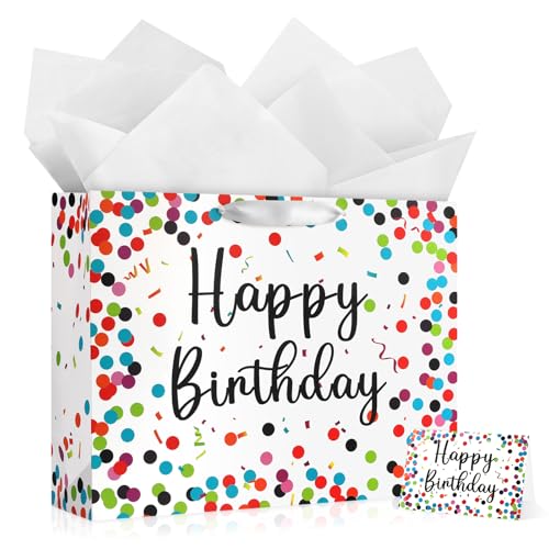 Image of JMANNI Large Happy Birthday Gift Bag with Tissue Papers and Greeting Card, Portable Paper Gift Bags with Handles,Colorful Dots Present Bags for Women Girls Birthday Party Supplies 13 inch x 10.2 inchx4.7 inch