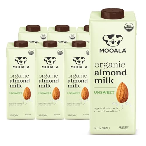 Mooala Organic Almond Milk Unsweetened 32 fl oz (Pack of 6) –Shelf-Stable, Lactose Free, Gluten-Free, Vegan, No Added Sugar, Plant-Based Beverage