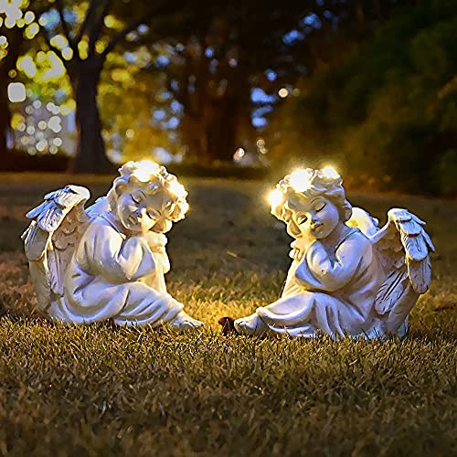 Juliahestia Angel Statue Figurine with Halo Garden Decor for Outside Solar Lights Outdoor Decorations for Home Lawn Peaceful Gifts (2pcs) Light up Christmas Ornament