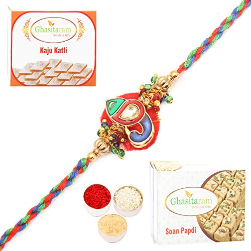 Ghasitaram Gifts Rakhi for Brother Rakhis Online – RM603 – Mina Ganesh Bracelet Rakhi with 200 gms of Kaju katli and 200 gms of Soan Papdi Ghasitaram Gifts Rakhi for Brother Rakhis Online – RM603 – Mina Ganesh Bracelet Rakhi with 200 gms of Kaju katli and 200 gms of Soan Papdi