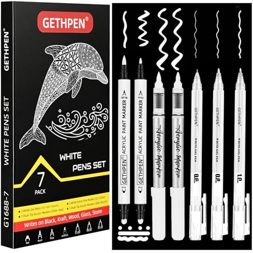 GETHPEN White Ink Pens Fine Point Gel Pens Brush Tip Acrylic Markers white paint pen Dual-Tip Opaque Paint Pens for Black Paper Drawing Sketching Illustration Card Making 7 Pack