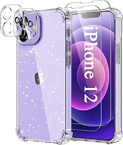 XLKTech Funda Glitter Compatible con iPhone 12 (6,1") con 3 Pack Cristal Templado y 3 Pack Protector de Lente de Cámara, Carcasa Silicona TPU Bumper Airbag Anti-Choque, Transparente Cover