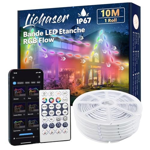 Lichaser 8m RGB+IC Ruban LED Exterieur Etanche DIY IP67, Suivi, Segmentation de Bandes LED avec Application BT et Télécommande RF pour une Utilisation en Extérieur