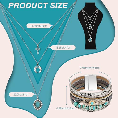 Yowivon Western Jewelry for Women Bohemian Turquoise Jewelry Set Vintage Leather Navajo Pearl Necklace Layer Necklaces Earrings Bracelets Boho Knuckle Rings4
