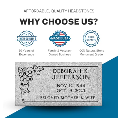 Image of Headstone for Graves - 20 x 10 x 3 - Flat Grave Marker for Cemetery - Gray Granite Monument Grade, Made in The USA - Includes Engraving - Multiple Design Options