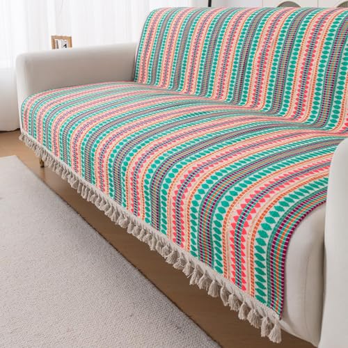 Image of HOKIPO 'Artisan Boho Series' Sofa Cover with Tassel for 3 Seater Sofa | 450 GSM Thick Cotton Acrylic Jacquard Fabric Sofa Cover, Size 152x175 cm, Mint Green (NEW-IN-909-A7)
