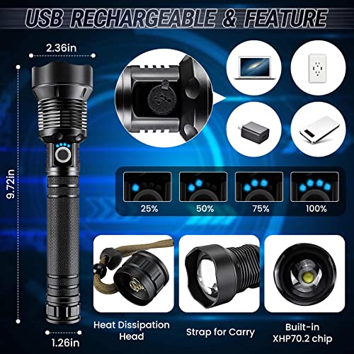 Super Bright Rechargeable LED Flashlights, 90000 Lumens XHP70.2 Tactical Flashlight, 10000mAh Parallel Battery, Zoomable&IPX5 Waterproof