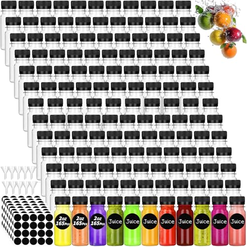 UZLU 165 Pcs 2 oz Small Plastic Juice Bottles with Black Caps Mini Clear Ginger Shot Containers with Tamper Proof Lids Reusable Travel Bottles with Funnels Labels for Juice Milk Water Other Beverages