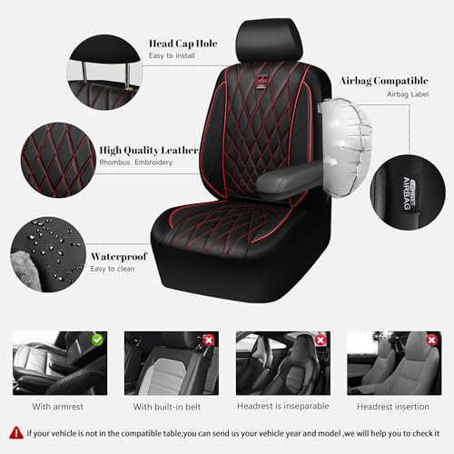 Image of CAR PASS Piping Luxury Leather Seat Covers Full Set,5 Seats Anti-Slip Waterproof Seat Covers Compatible with Front Armrests,Universal Fit for Sendan SUV Van Truck,Airbag Compatible,Black and Red