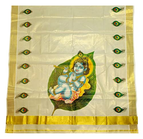 Image of Women's Mural Printed Kerala Gold Tissue Saree with Running Blouse Piece | Traditional South Indian Ethnic Saree for Festivals, Weddings & Special Occasions