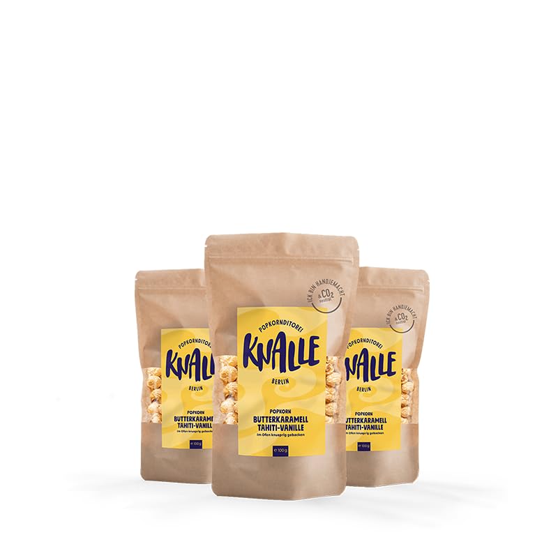 Popkornditorei Knalle GmbH Popkorn mit Butterkaramell Geschmack und Tahiti-Vanille - süß und knusprig - Kino Snacks » Popcorn besser als im Kino « Karamell Süßigkeit 3x 100 g