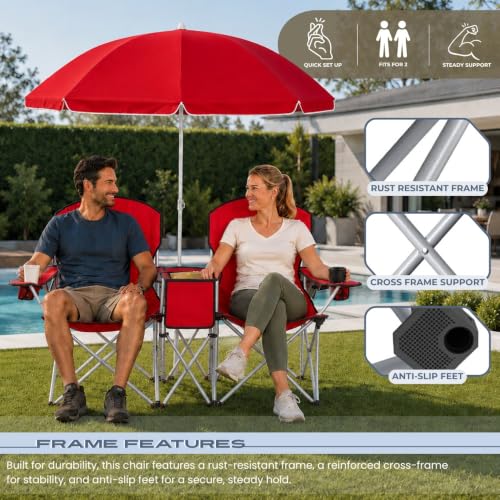 Sillas dobles CozyBox para campamento, plegables, portátiles, con paraguas, bolsa térmica y portavasos, para camping y pesca, color rojo miniatura 4