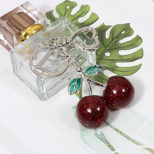 Heart-Shaped Keychain with Initial A-Z and Cherry Charm Bag Charms for Women,Car Accessories