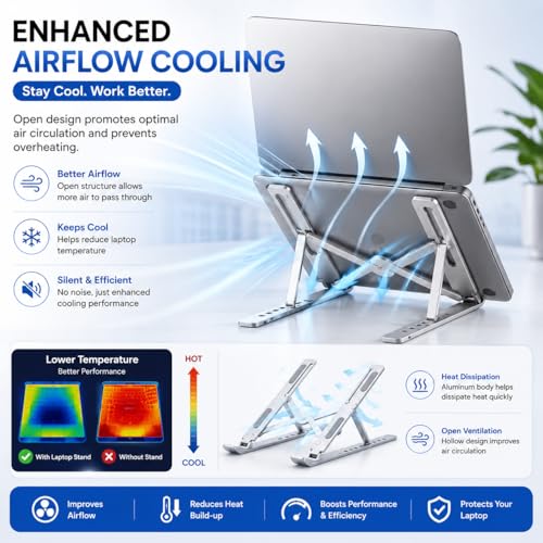 Image of Adjustable Laptop Stand Foldable Aluminium Laptop Holder with 6 Level Height | Portable Anti Slip Cooling Stand for 10-17 Inch Laptop, MacBook, Notebook (Silver)