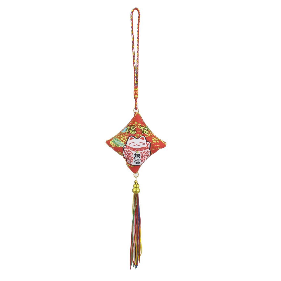 ELECTROPRIME Tassel Decor Fortune Cat Pattern Car Hanging Ornament Sachet Pouch Red