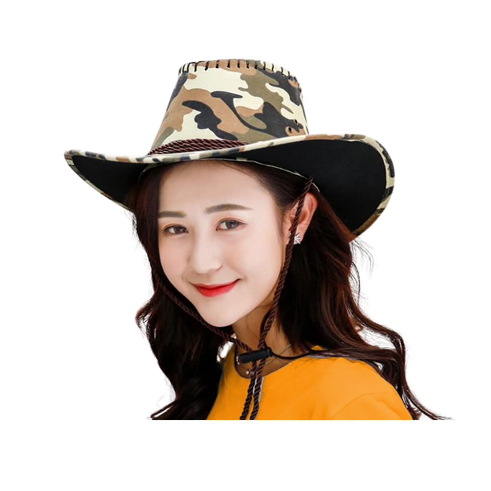 JMP Unisex Camouflage Cowboy Straw Outdoor Wide Brim Cap Travel Western Hats Visor Sun Hat (Camo Khaki)-image-24